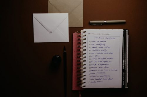 Overhead view of a to-do list notebook with New Year's resolutions, pens, and envelopes on a desk.